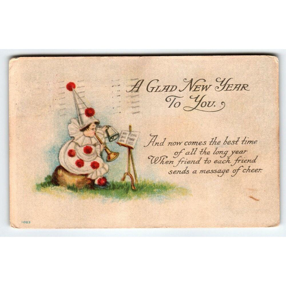 New Years Postcard A Glad New Year To You Boy Clown Suit Musician Bell Horn 1915